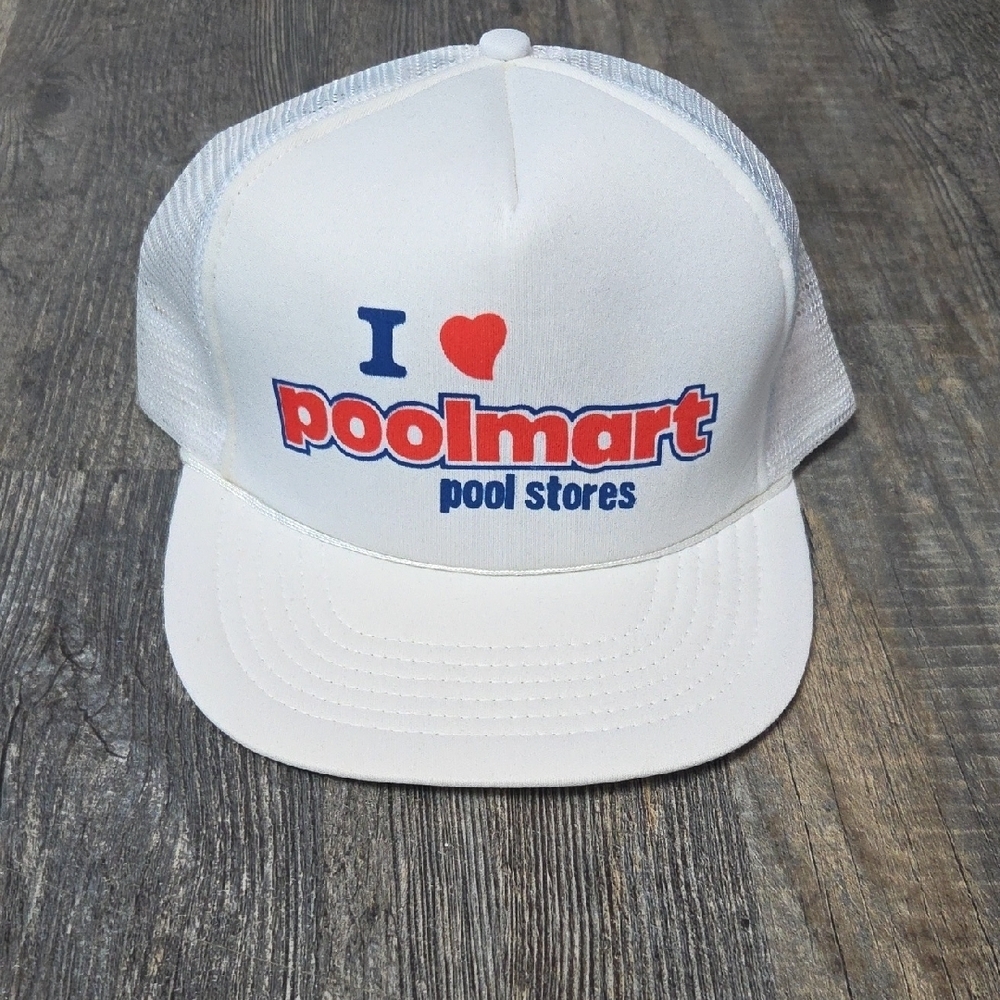 White Mesh Trucker Hat with Poolmart Logo